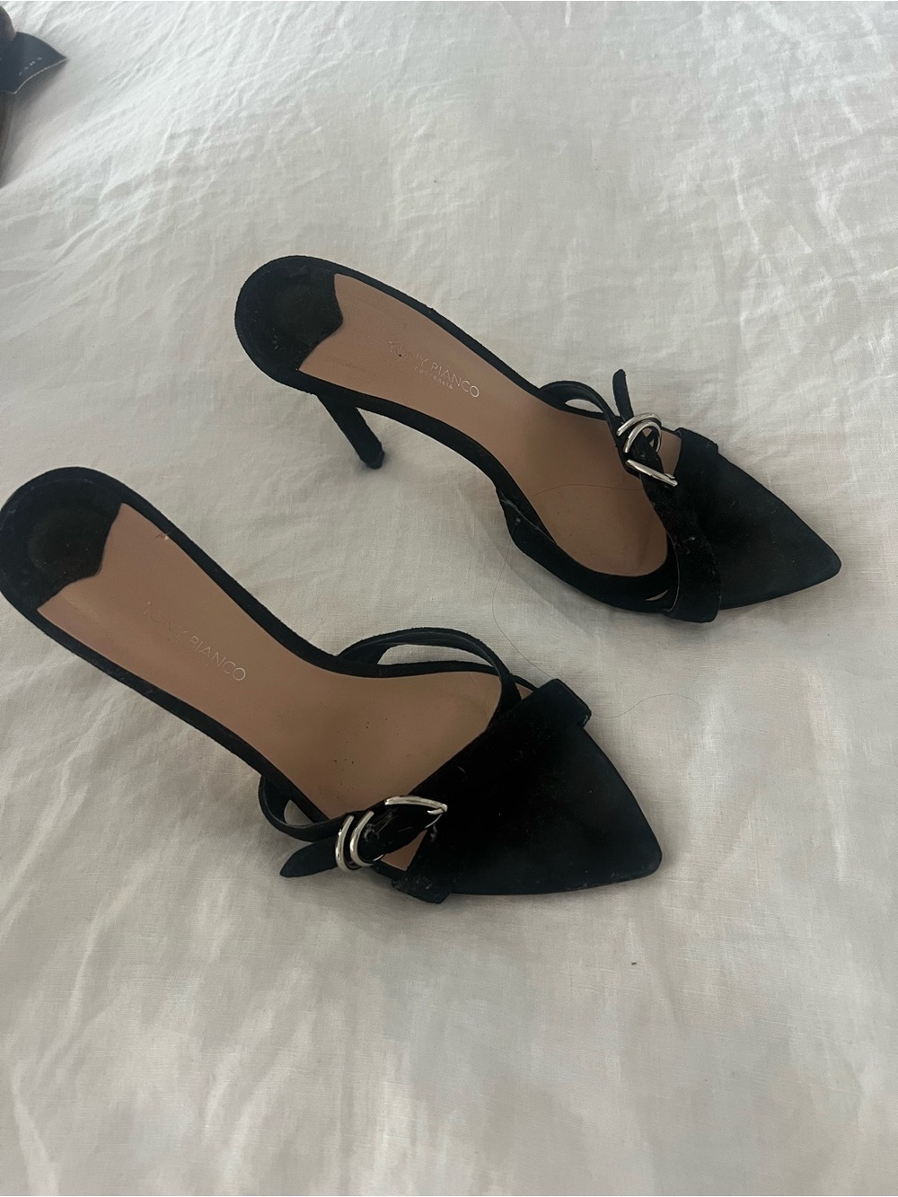 Tony Bianco Black Pointed Toe Slingback Heels with Silver Buckle